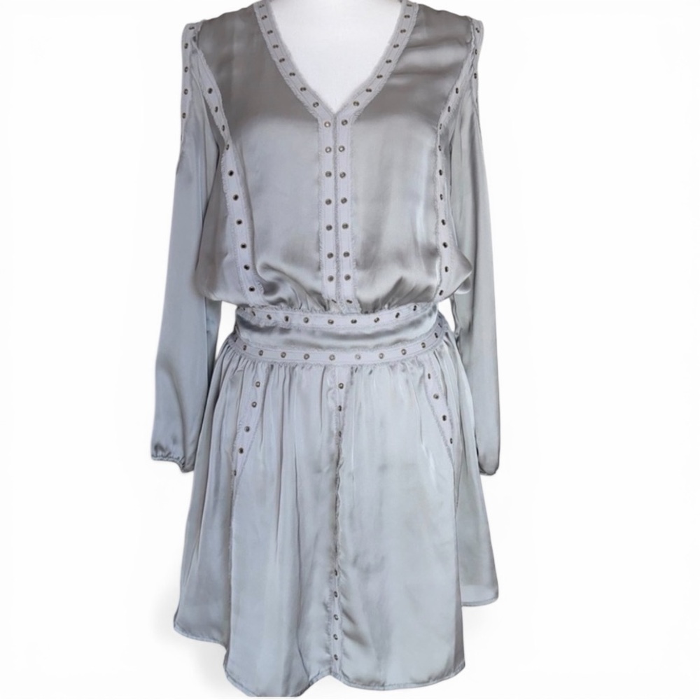 Boston Proper Satin Mini Dress Rivets Gray Silver V-Neck Cut Out Sleeves Sz XS - Picture 2 of 13